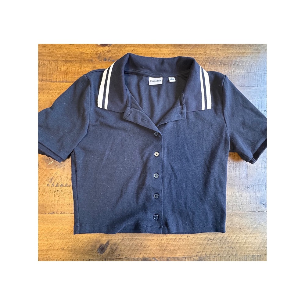 Aritzia Sun-deh Polo Shirt Black Cotton Crop Striped Collar Preppy Y2K Top